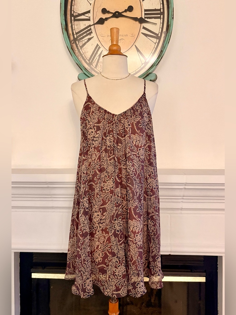 Boho Floral Spaghetti Strap Dress - Burgundy & Cream